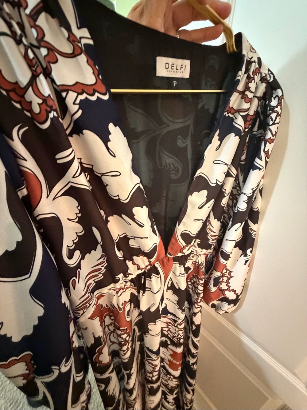 ELF Floral-Print V-Neck Dress — Navy, White & Rust